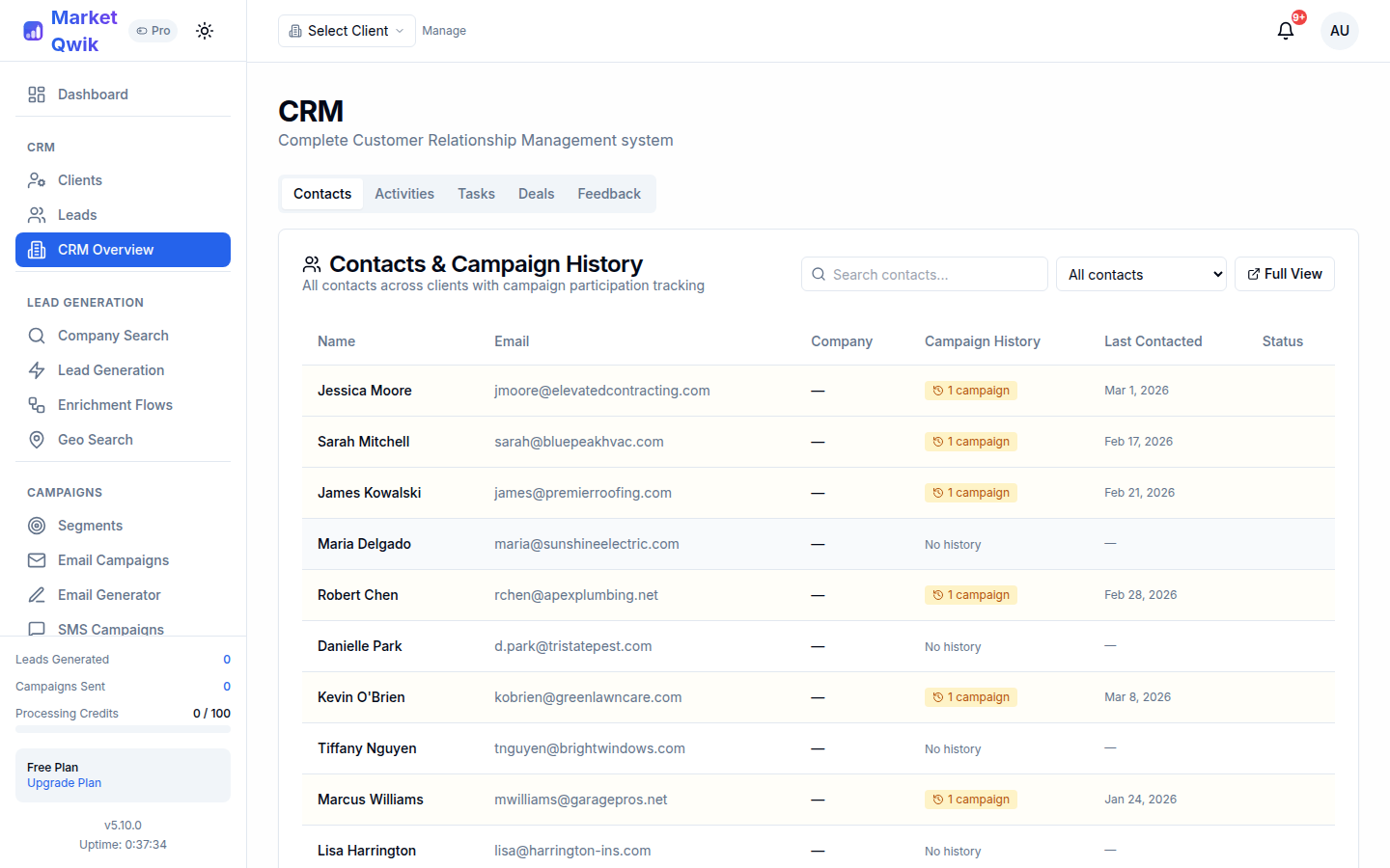 CRM with contacts, activities, tasks, deals tabs