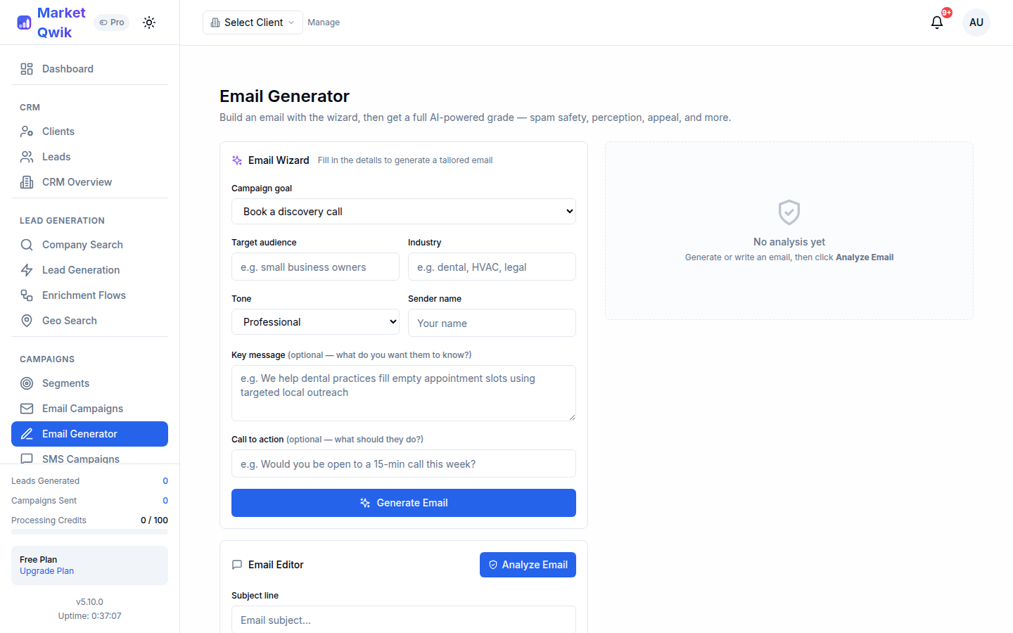 Email Generator wizard form